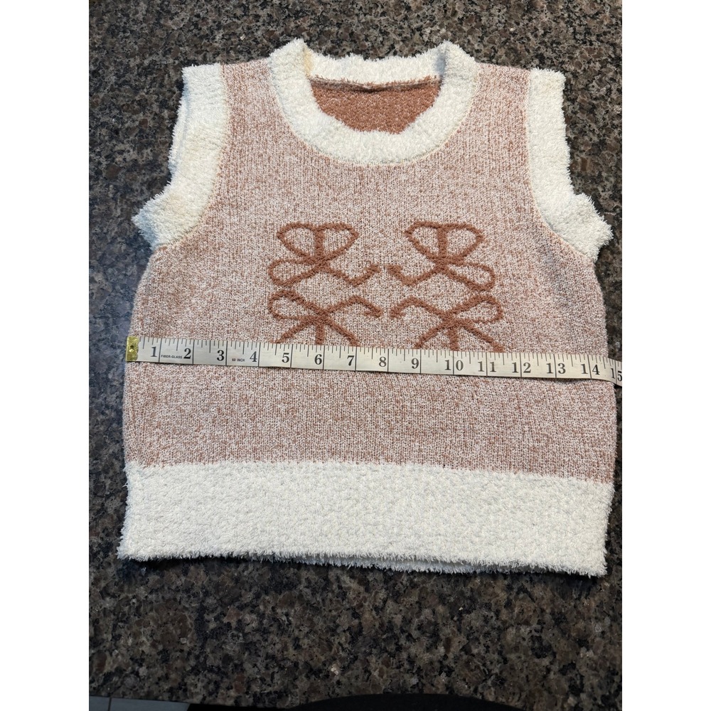 Fuzzy Knit Bow Graphic Sweater Vest Sleeveless Crew Neck Pink White Size M - Picture 2 of 5